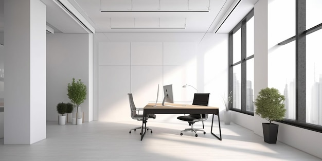 A white office with a large window and a desk with a plant on it.