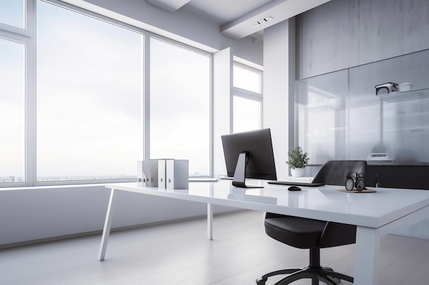 A white office with a large window that says'the word'on it '