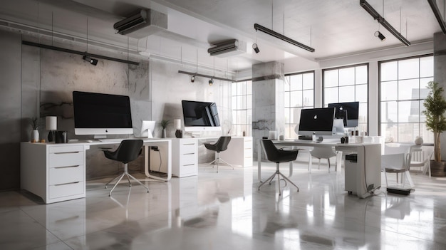 A white office with a large windows and a large desk with computers on it.