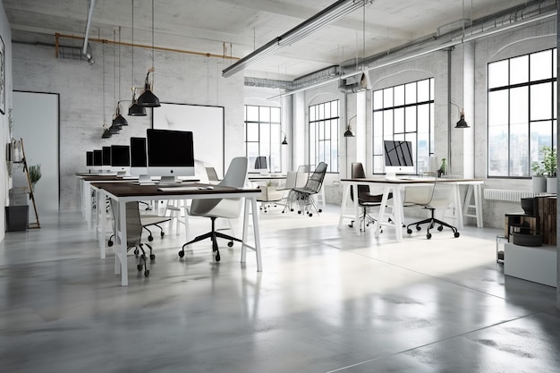 A white office with a lot of desks and a row of computer monitors.