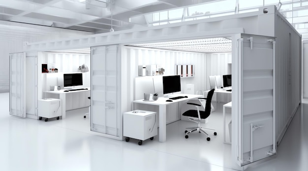 A white office with a white wall and a white desk with a computer on it.