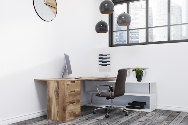 White office workplace with a dark wooden table, a large window and a large clock on the wall. 3d rendering mock up