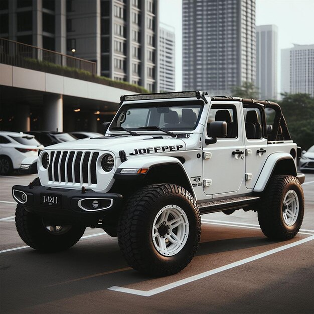 A white offroader jeep in the parking