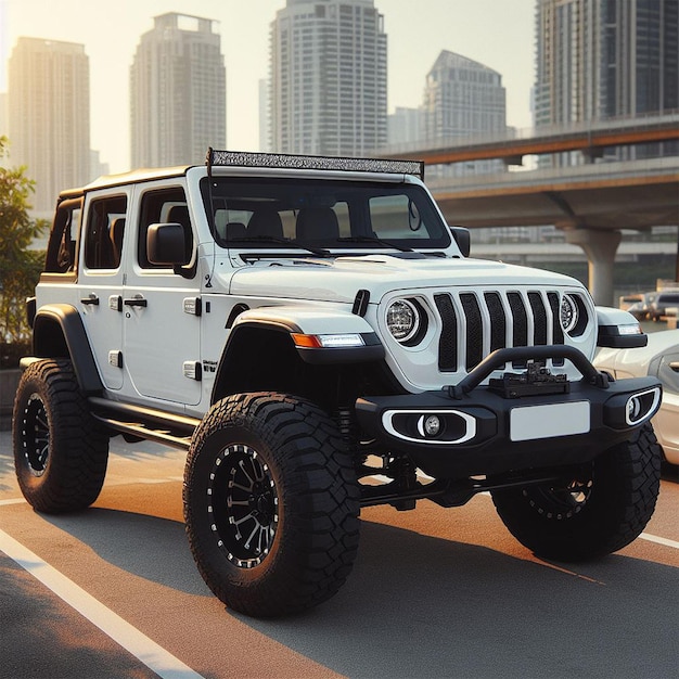 A white offroader jeep in the parking