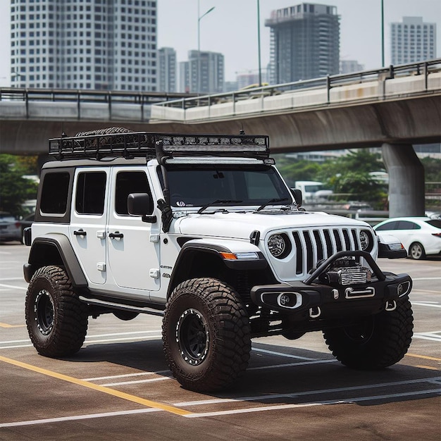 A white offroader jeep in the parking