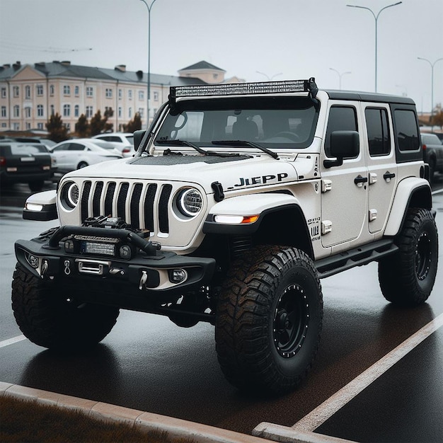 A white offroader jeep in the parking