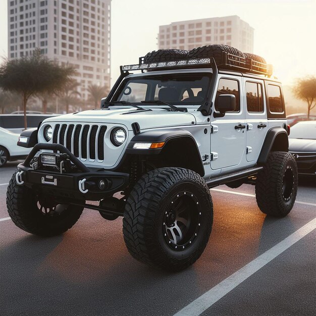 A white offroader jeep in the parking