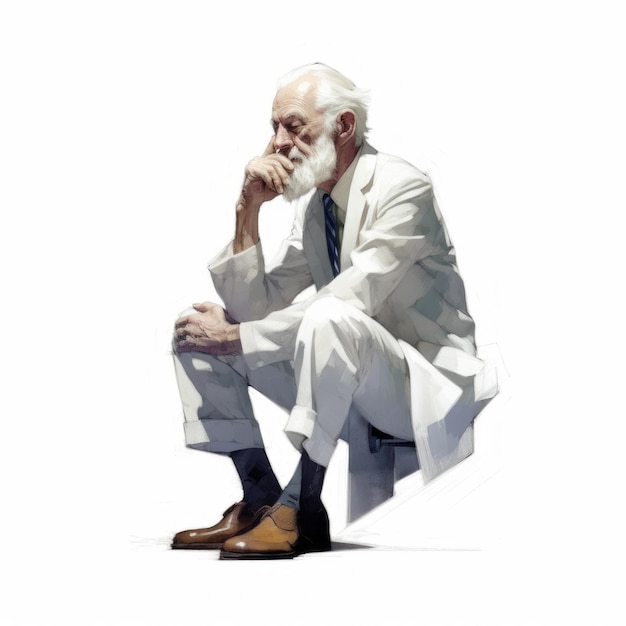 White old man in thinking and doubts oil painted illustration