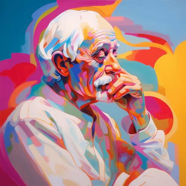 White old man in thinking and doubts oil painted illustration