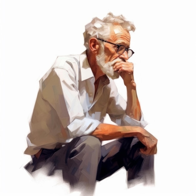 Белый старик в размышлениях и сомнениях иллюстрация, нарисованная маслом