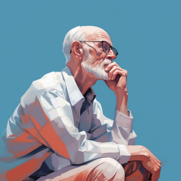 White old man in thinking and doubts oil painted illustration