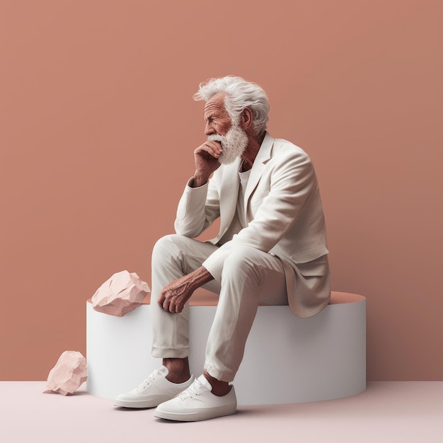 White old man in thinking and doubts photorealistic illustration Male character with dreamy face on abstract background Ai generated realistic soft colored poster