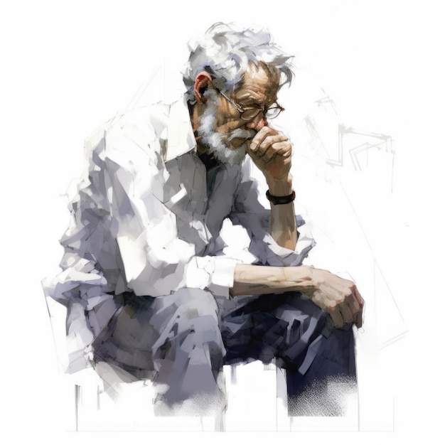 Photo white old man in thinking and doubts watercolor illustration