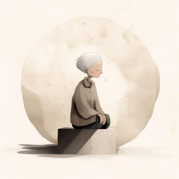 White old woman in thinking and doubts cartoon illustration Female character with dreamy face on abstract background Ai generated soft colored drawn poster