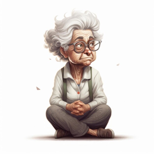 White old woman in thinking and doubts cartoon illustration Female character with dreamy face on abstract background Ai generated soft colored drawn poster