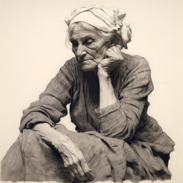 Белая старуха в мыслях и сомнениях монохромная иллюстрация Женский персонаж с мечтательным лицом на абстрактном фоне Ай создал черно-белый эскиз плаката