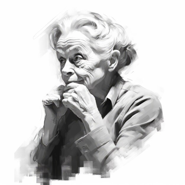 White old woman in thinking and doubts monochrome illustration Female character with dreamy face on abstract background Ai generated black and white sketch poster