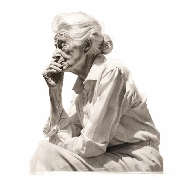 White old woman in thinking and doubts monochrome illustration Female character with dreamy face on abstract background Ai generated black and white sketch poster