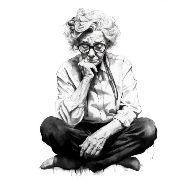 White old woman in thinking and doubts monochrome illustration Female character with dreamy face on abstract background Ai generated black and white sketch poster