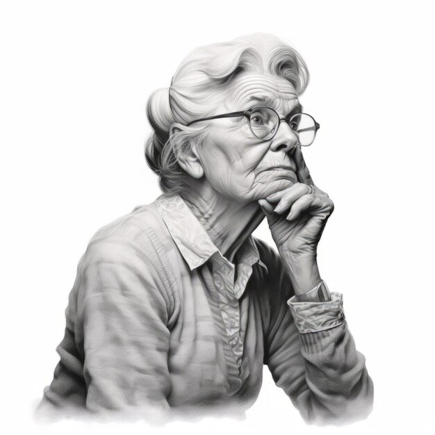 White old woman in thinking and doubts monochrome illustration Female character with dreamy face on abstract background Ai generated black and white sketch poster