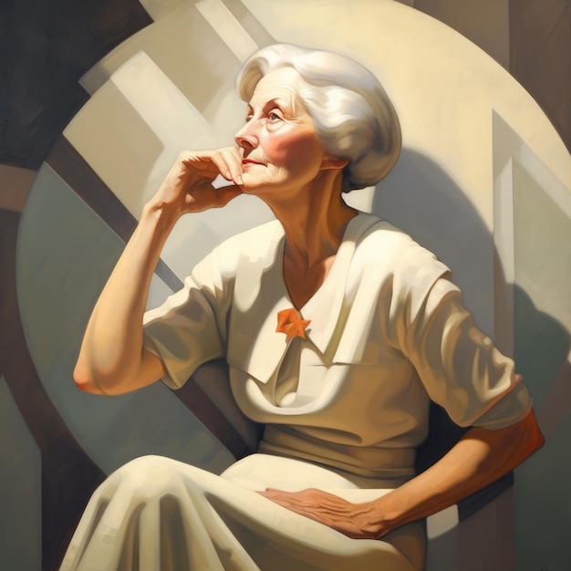 白い老婦人思考と疑い油絵画抽象的な背景に夢の顔を描いた女性キャラクターアイが作成したアクリルキャンバスの明るいポスター