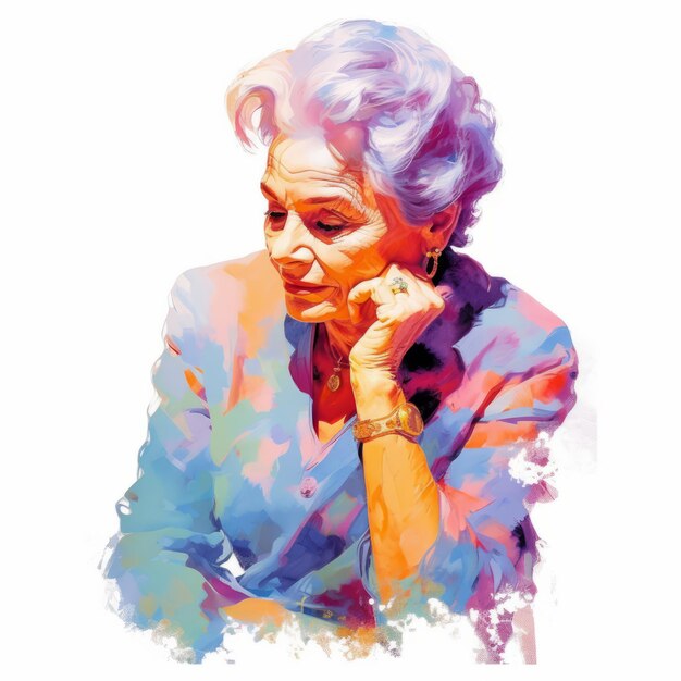 White old woman in thinking and doubts oil painted illustration Female character with dreamy face on abstract background Ai generated acrylic canvas bright poster