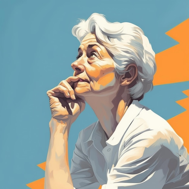 White old woman in thinking and doubts oil painted illustration Female character with dreamy face on abstract background Ai generated acrylic canvas bright poster