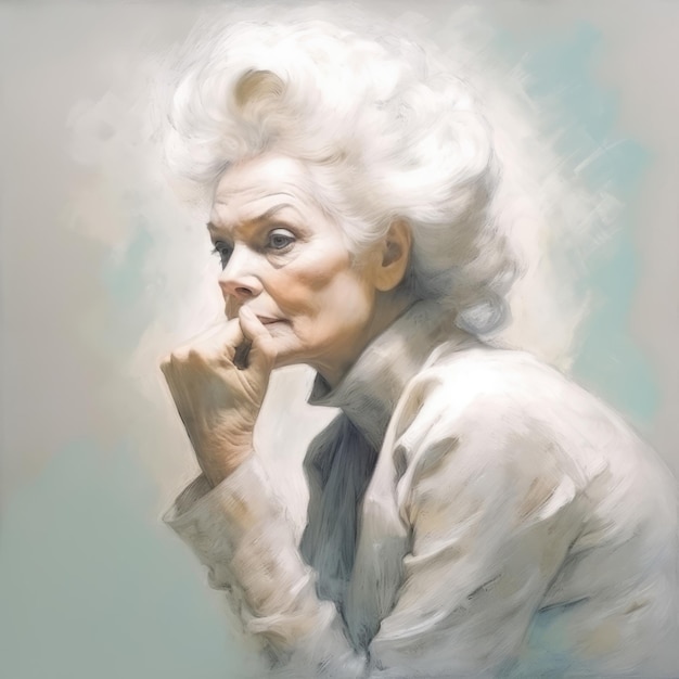 White old woman in thinking and doubts oil painted illustration Female character with dreamy face on abstract background Ai generated acrylic canvas soft colored poster