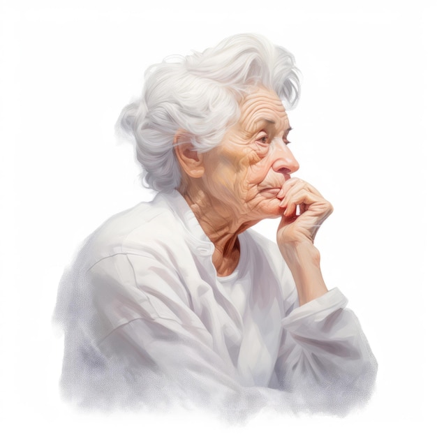 White old woman in thinking and doubts photorealistic illustration Female character with dreamy face on abstract background Ai generated realistic soft colored poster