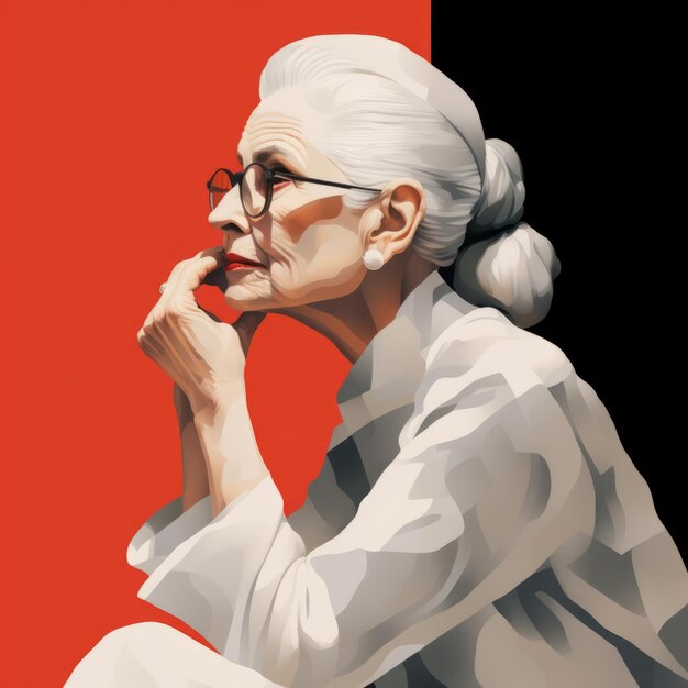 White old woman in thinking and doubts pop art illustration Female character with dreamy face on abstract background Ai generated bright retro poster