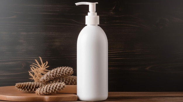 White one pump bottle mockup on wood podium with natural boho decorations Flatlay