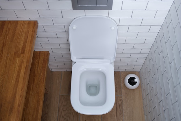 Toilette aperta in ceramica bianca nel bagno, scelta dell'impianto idraulico nella toilette