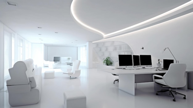 모의 벽이 있는 흰색 열린 공간 사무실 코너 Generative AI