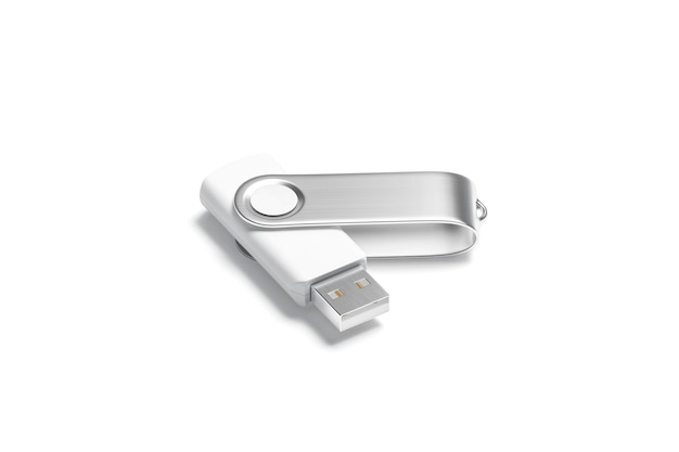 White opened usb stick. Memory flash drive with metallic cap. Micro key for data transfer.