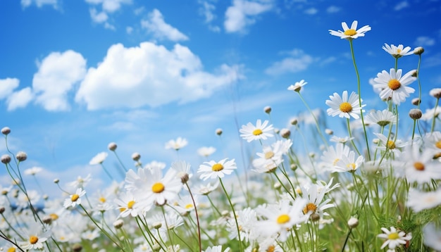 青い空の背景の草原の白とオレンジの宇宙の花