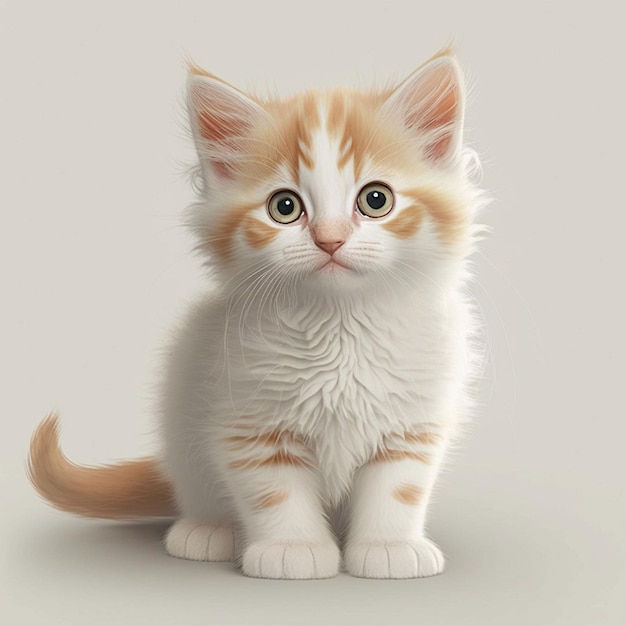 A white and orange kitten with green eyes sits on a beige background.