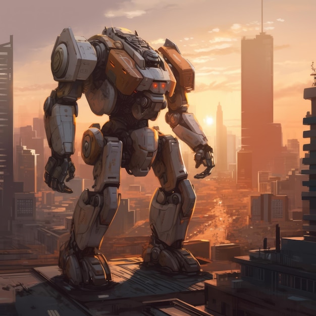 White and orange mecha giant robot over cityscape created using generative ai technology