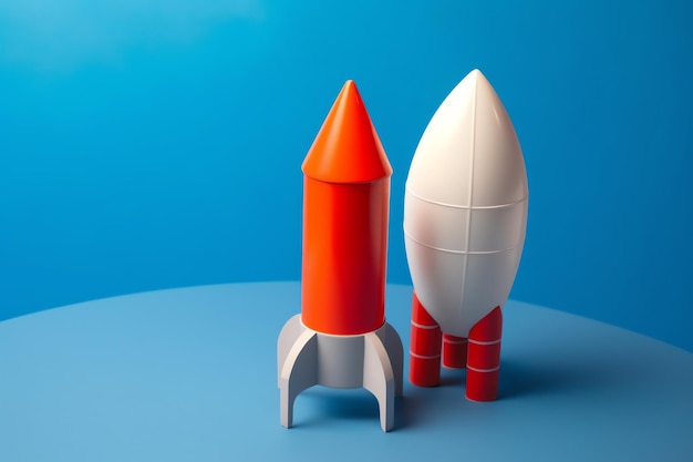 A white and orange rocket next to a blue background.