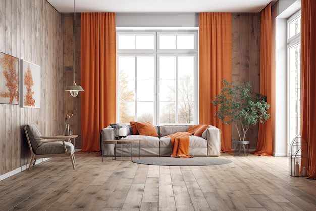 ホワイトとオレンジ色のアンティークの木製のリビングルーム パーケットの床の装飾と農場の内装の壁のデザインのモックアップ