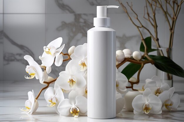 A white orchid accents the presence of a lotion bottle