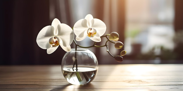 White orchid flower decoration in a glass vase with sunlight on a wooden table spa background