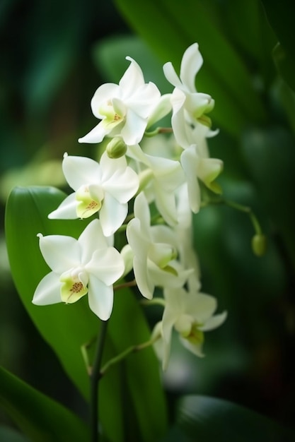 A white orchid flower with green leaves and yellow flowers.