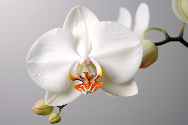 A white orchid flower with a red and orange pattern.