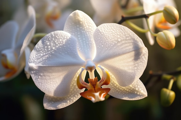 A white orchid flower with the sun shining on it.