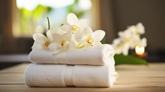 White orchid flowers on a stack of towels
