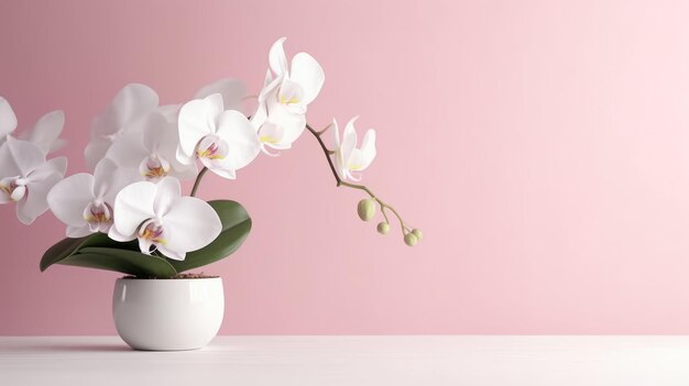 A white orchid in a white pot on a table