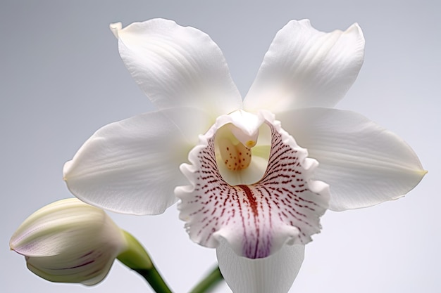 A white orchid with a yellow spot on the bottom.