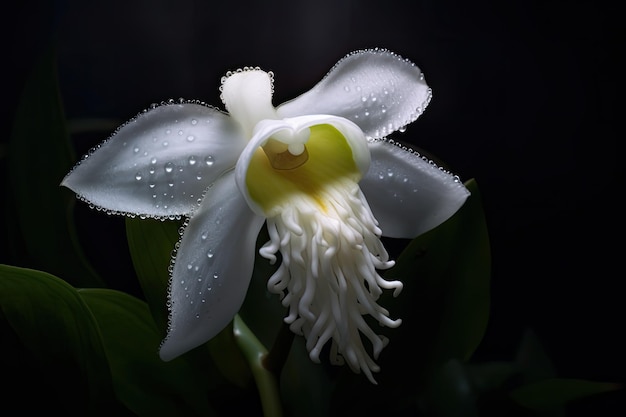 A white orchid with a yellow spot on the center