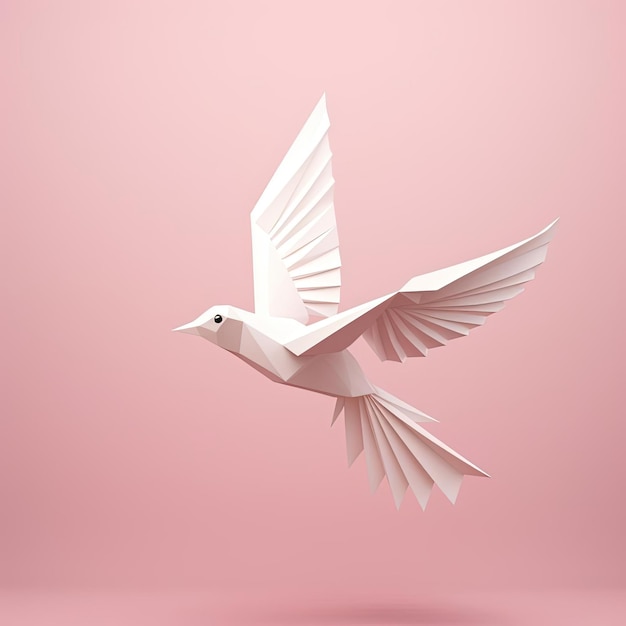 White origami bird on pink background