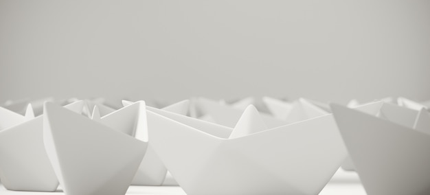 White origami paper boat on white surface. 3d rendering illustration.